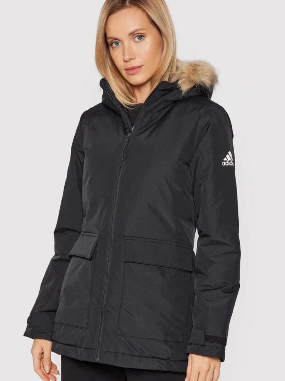 adidas Black women's Hooded Puffer Parka with Faux Fur Trim